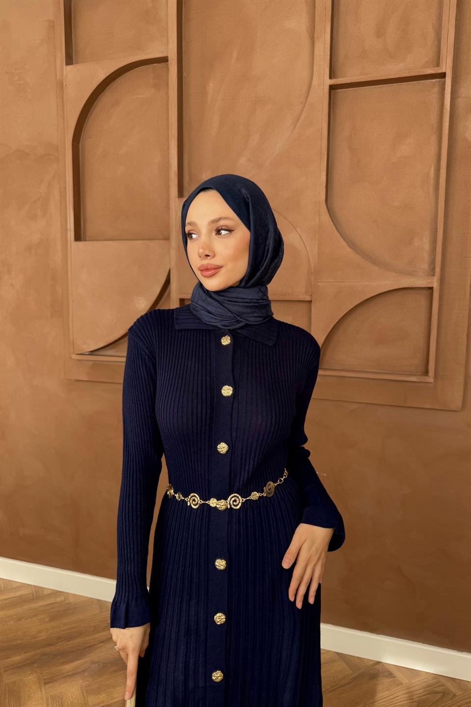 Gold Buttoned Knit Dress - Navy blue