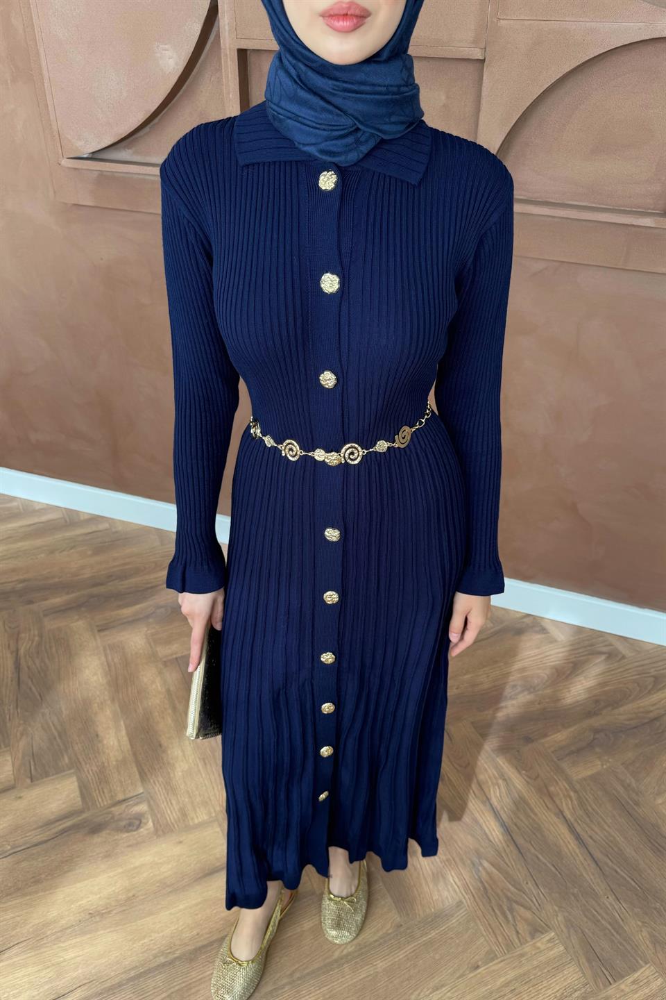 Gold Buttoned Knit Dress - Navy blue