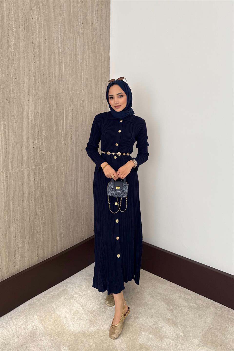 Gold Buttoned Knit Dress - Navy blue