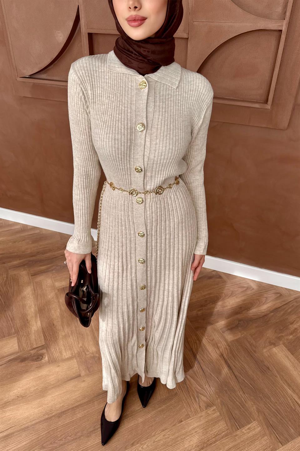 Gold Buttoned Knit Dress - Stone