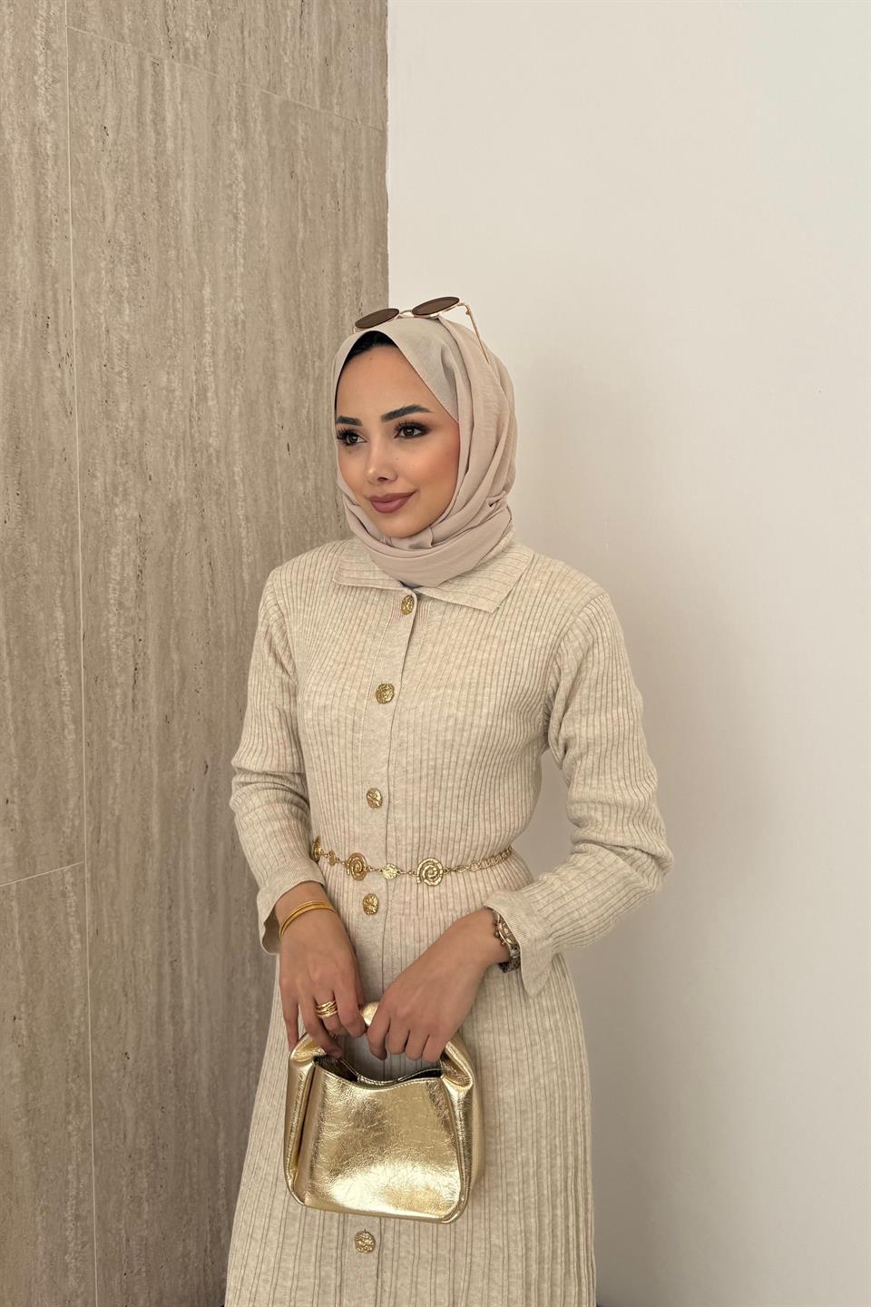 Gold Buttoned Knit Dress - Stone