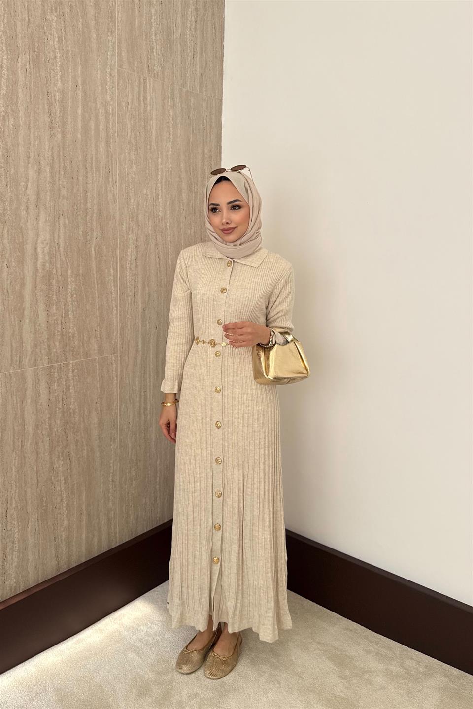 Gold Buttoned Knit Dress - Stone