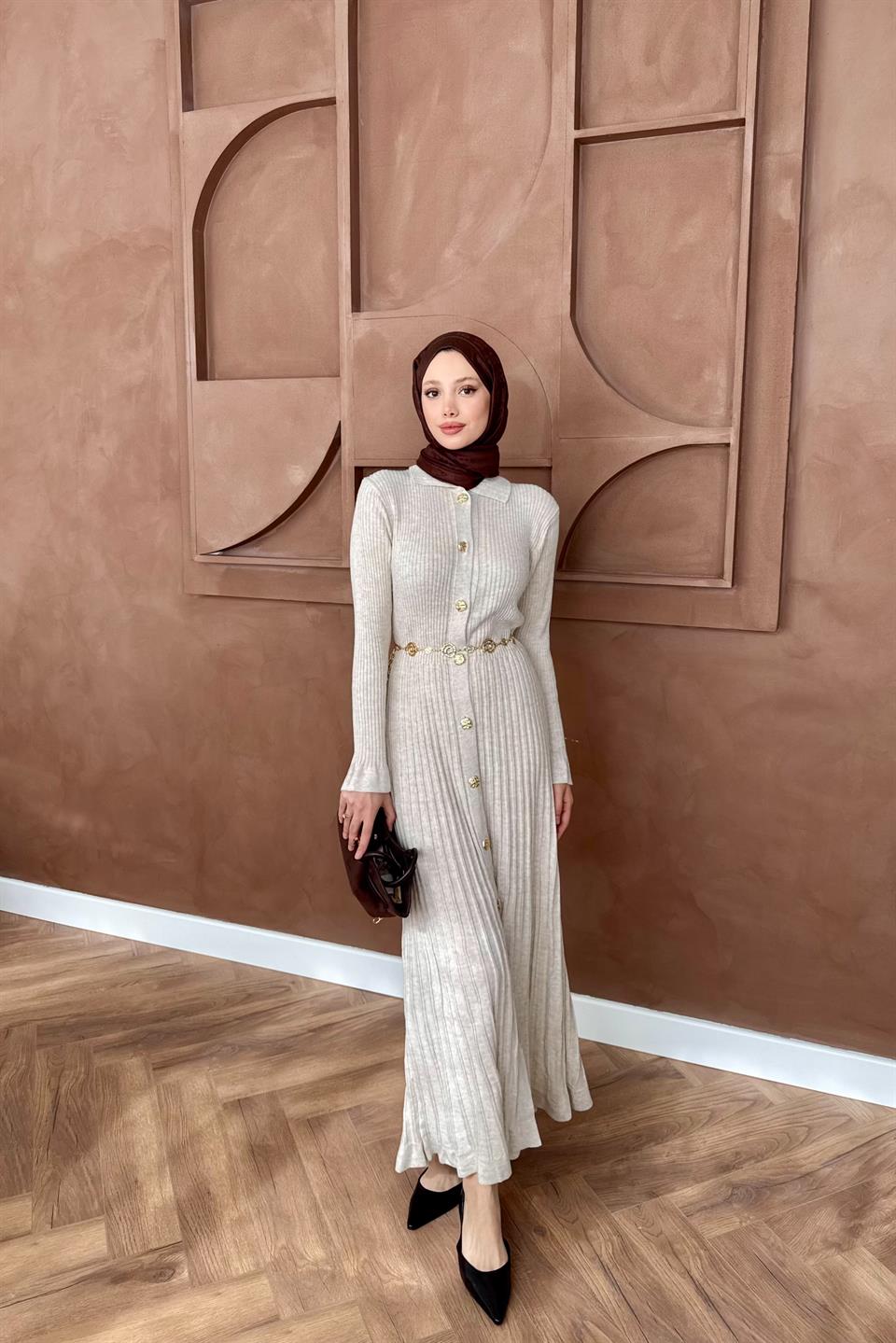 Gold Buttoned Knit Dress - Stone