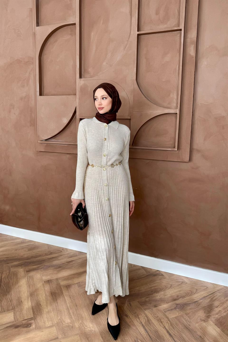 Gold Buttoned Knit Dress - Stone