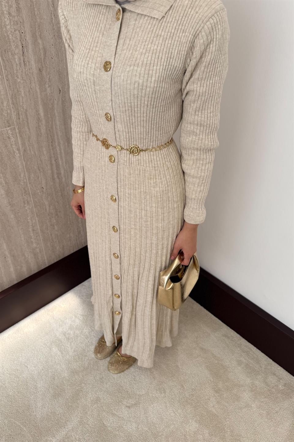 Gold Buttoned Knit Dress - Stone