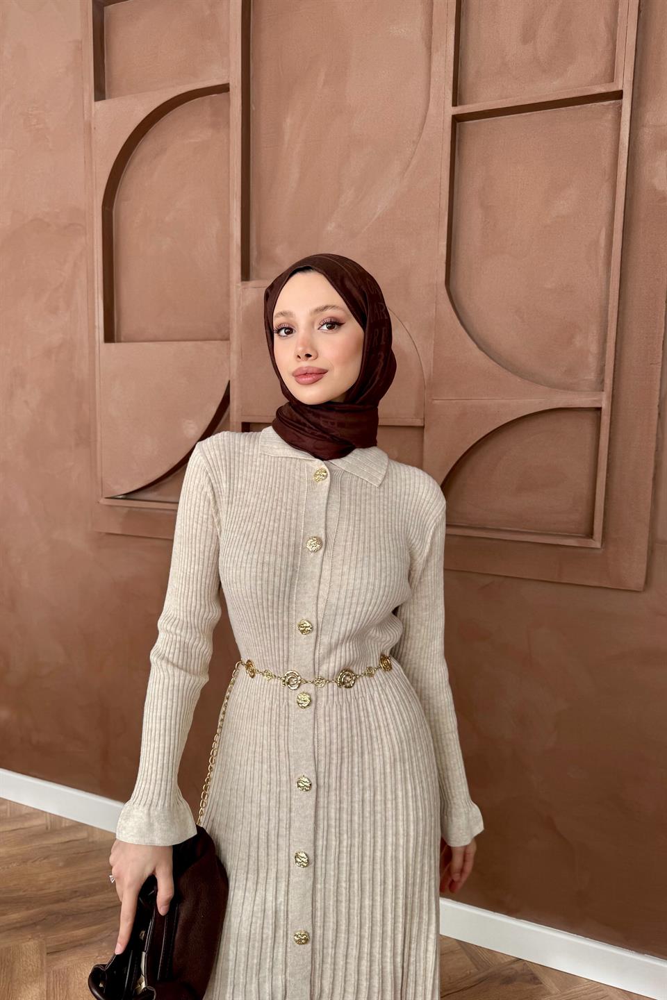 Gold Buttoned Knit Dress - Stone