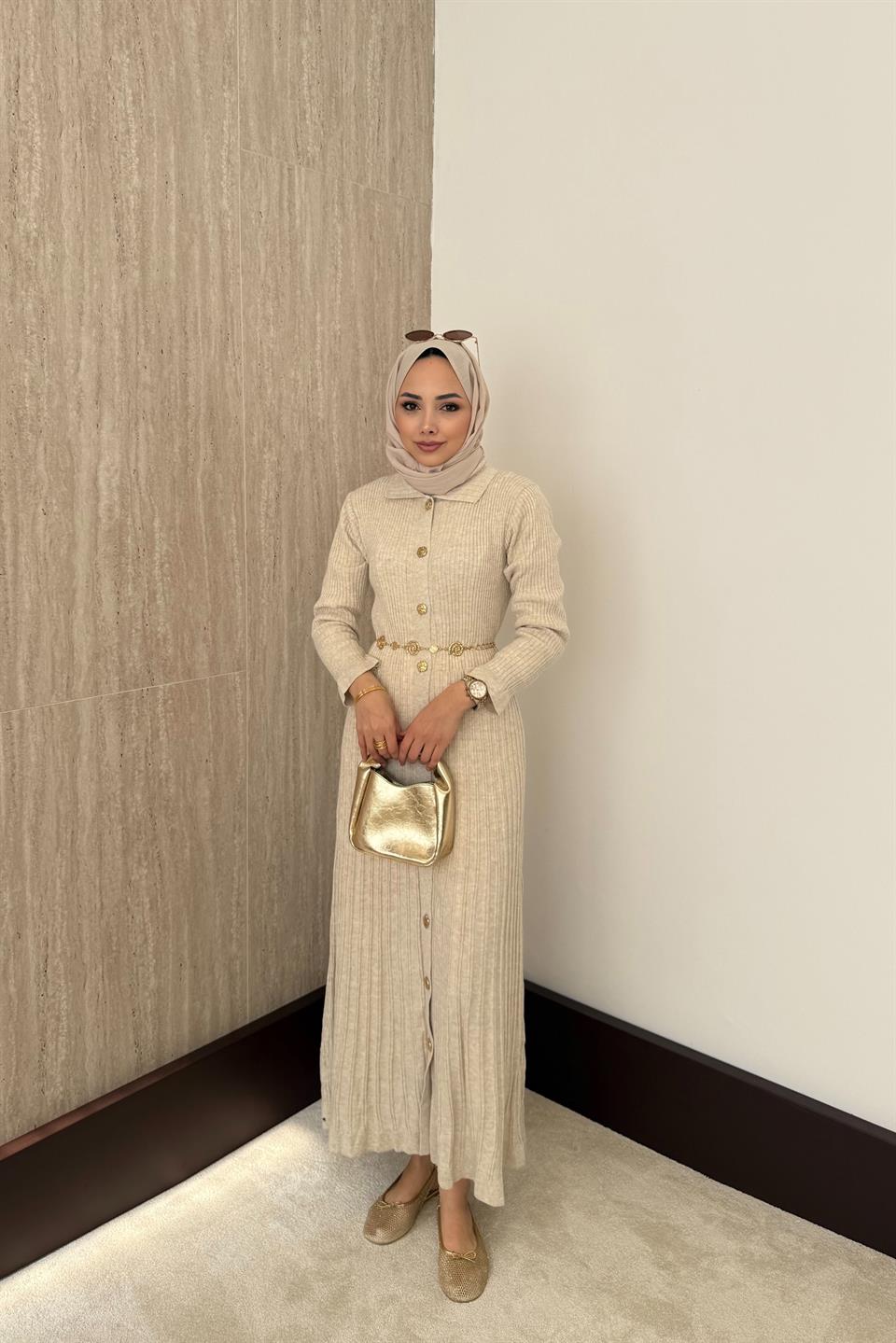 Gold Buttoned Knit Dress - Stone