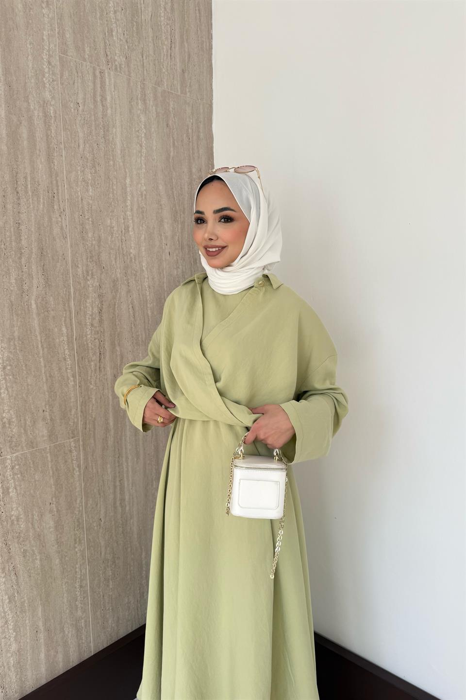 Gömlekli Modal Elbise - Mint