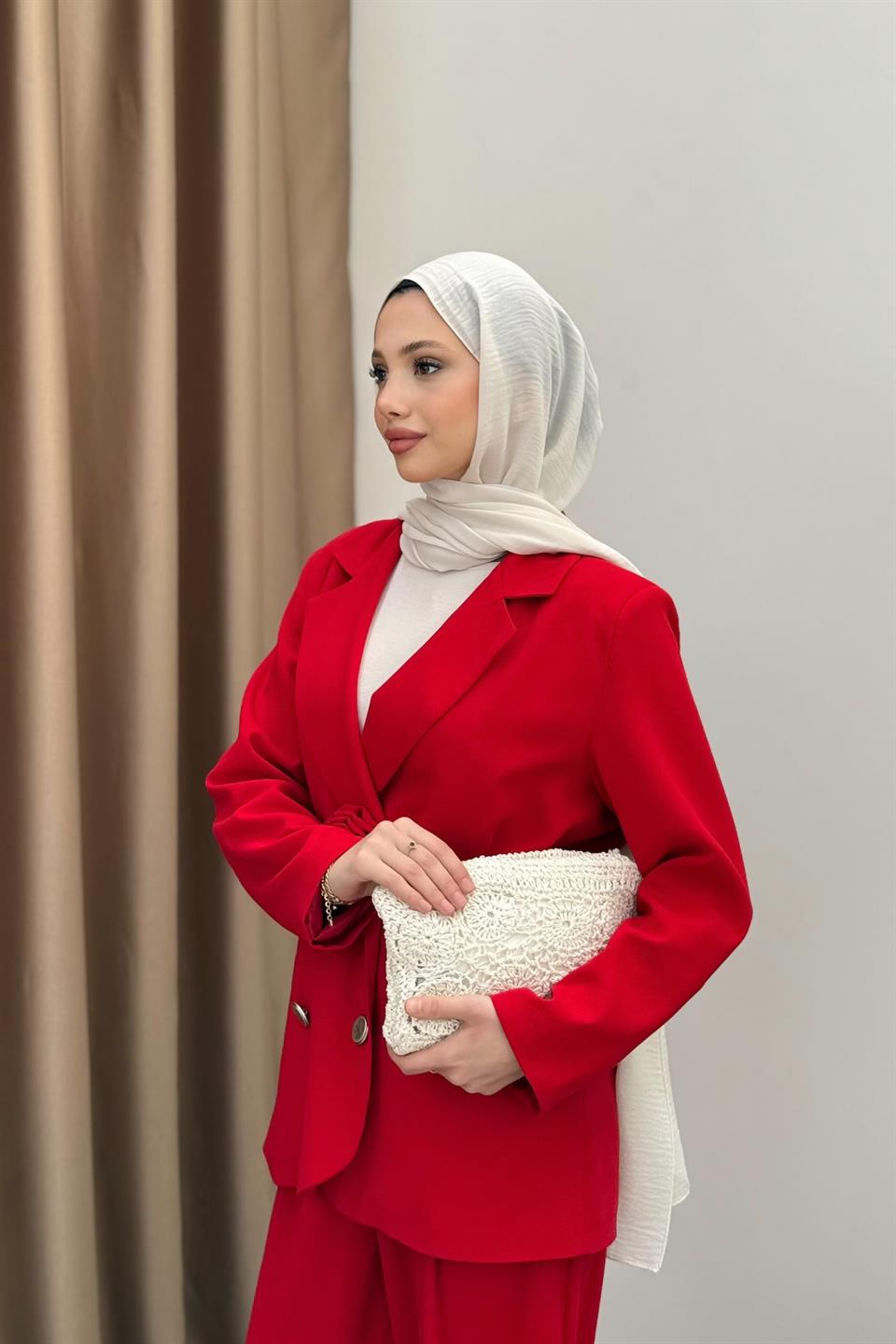 Blazer Jacket Suit with Rose Accessory - Red