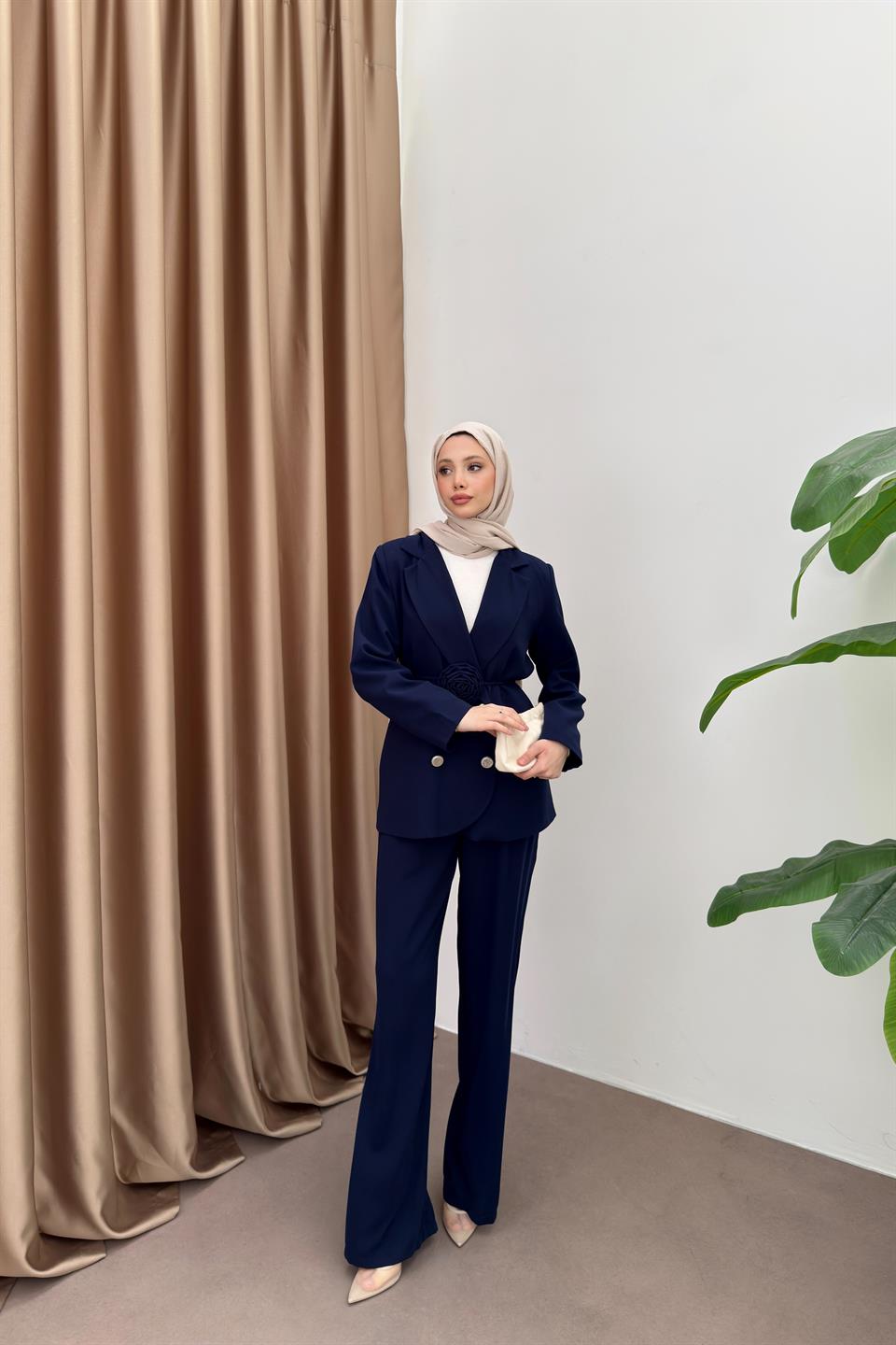 Rose Accessory Blazer Jacket Suit - Navy Blue