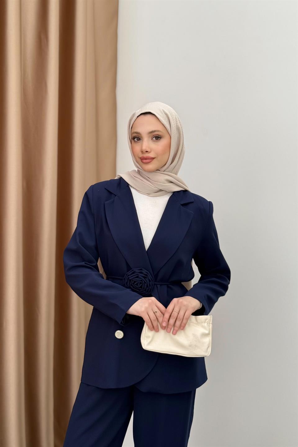 Rose Accessory Blazer Jacket Suit - Navy Blue