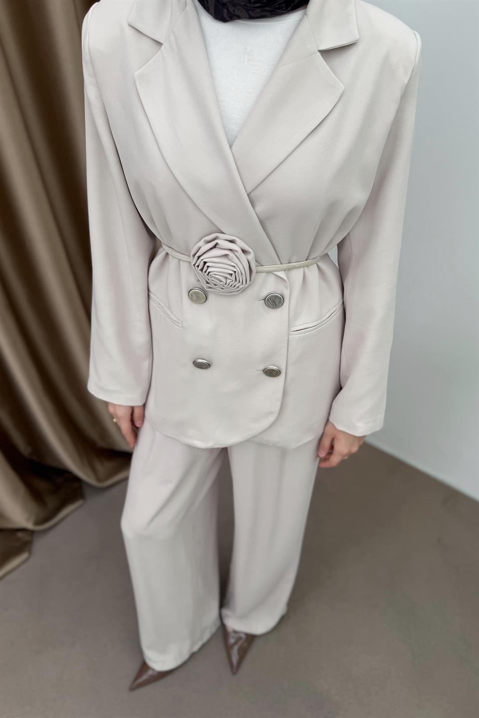 Blazer Jacket Suit with Rose Accessory - Stone