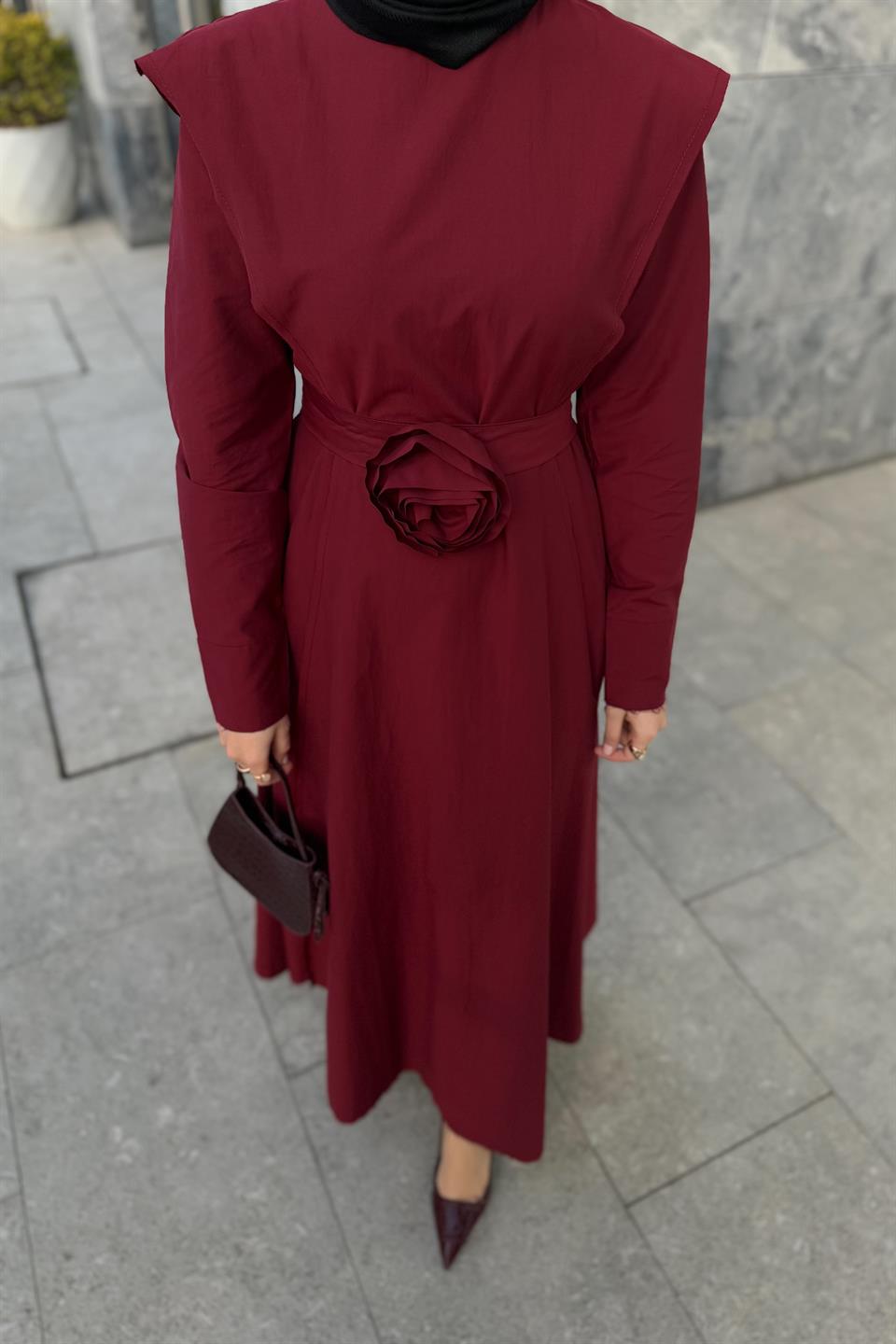 Gül Aksesuarlı Poplin Elbise - Bordo