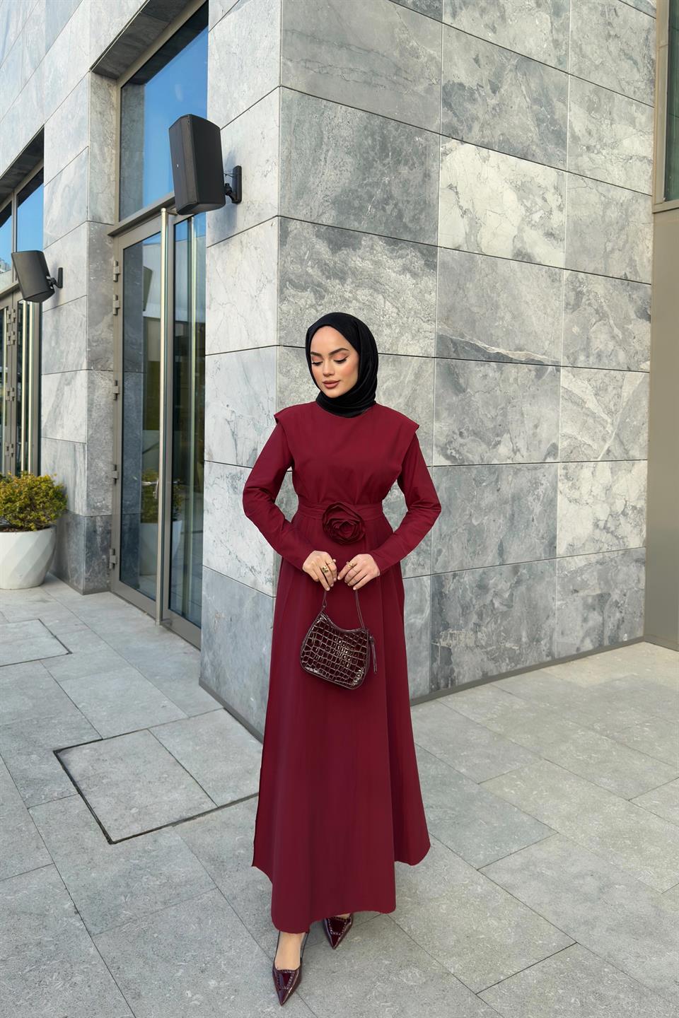 Gül Aksesuarlı Poplin Elbise - Bordo