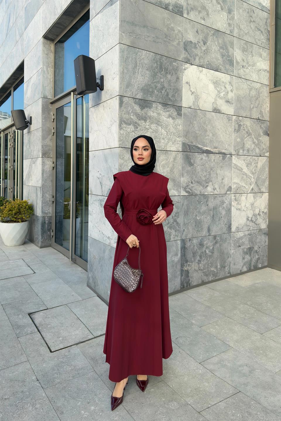 Gül Aksesuarlı Poplin Elbise - Bordo