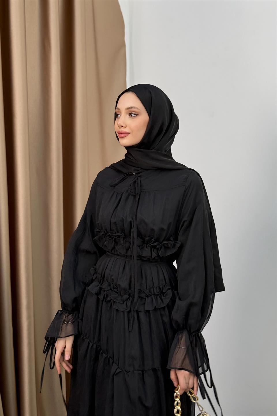 Güpürlü Şifon Elbise - Siyah