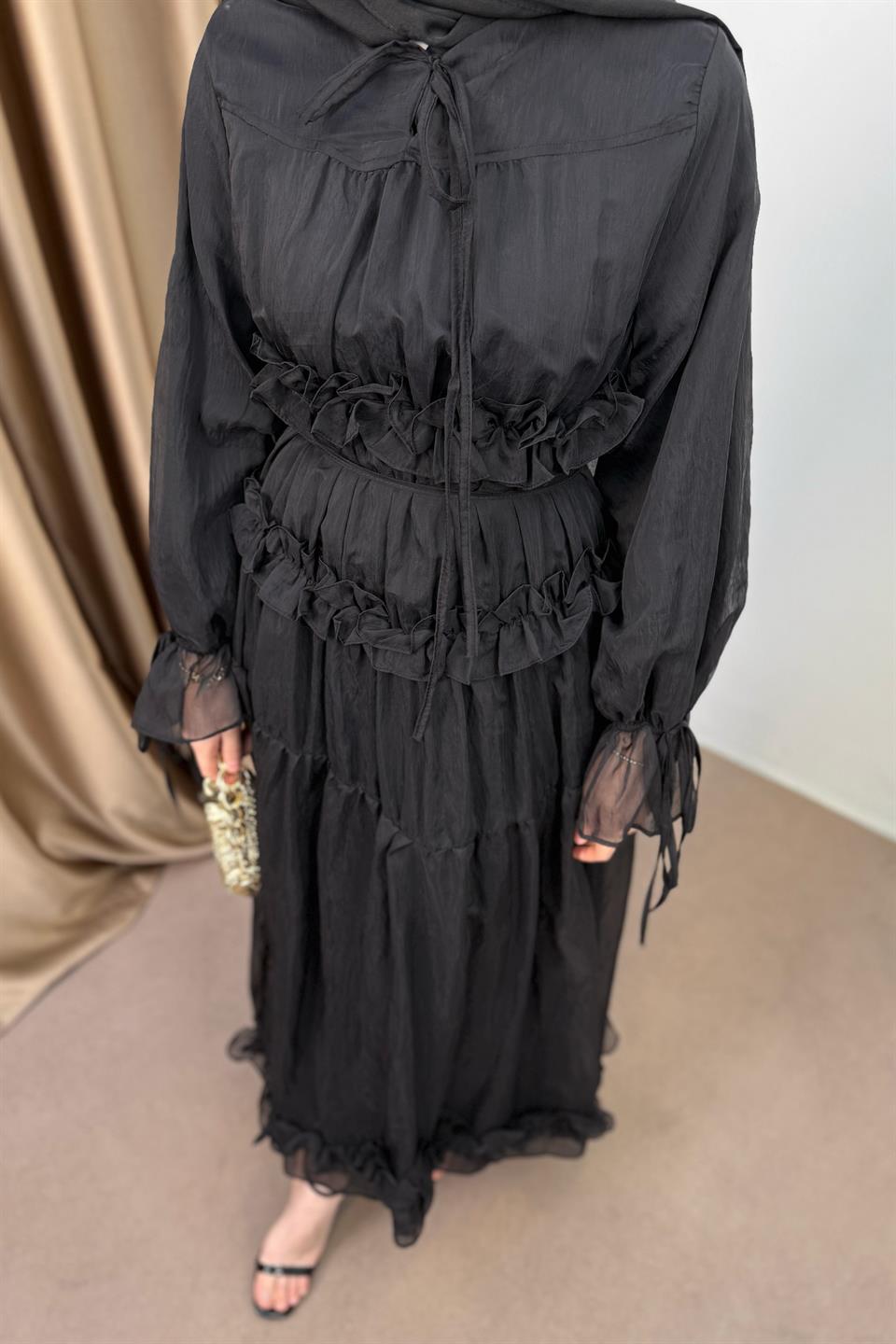 Güpürlü Şifon Elbise - Siyah