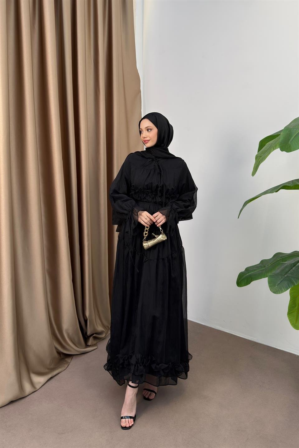 Güpürlü Şifon Elbise - Siyah