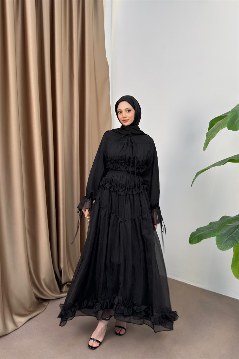 Güpürlü Şifon Elbise - Siyah