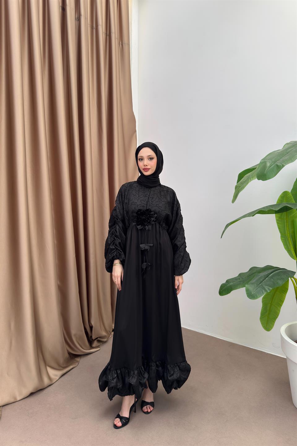 Jakarlı Saten Elbise - Siyah