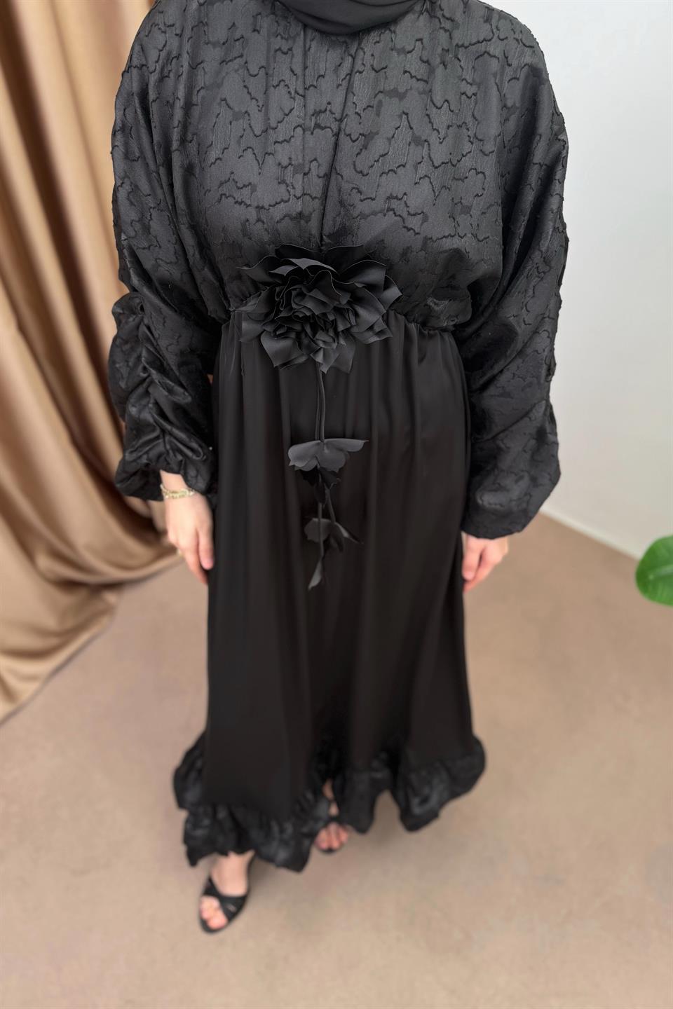 Jakarlı Saten Elbise - Siyah