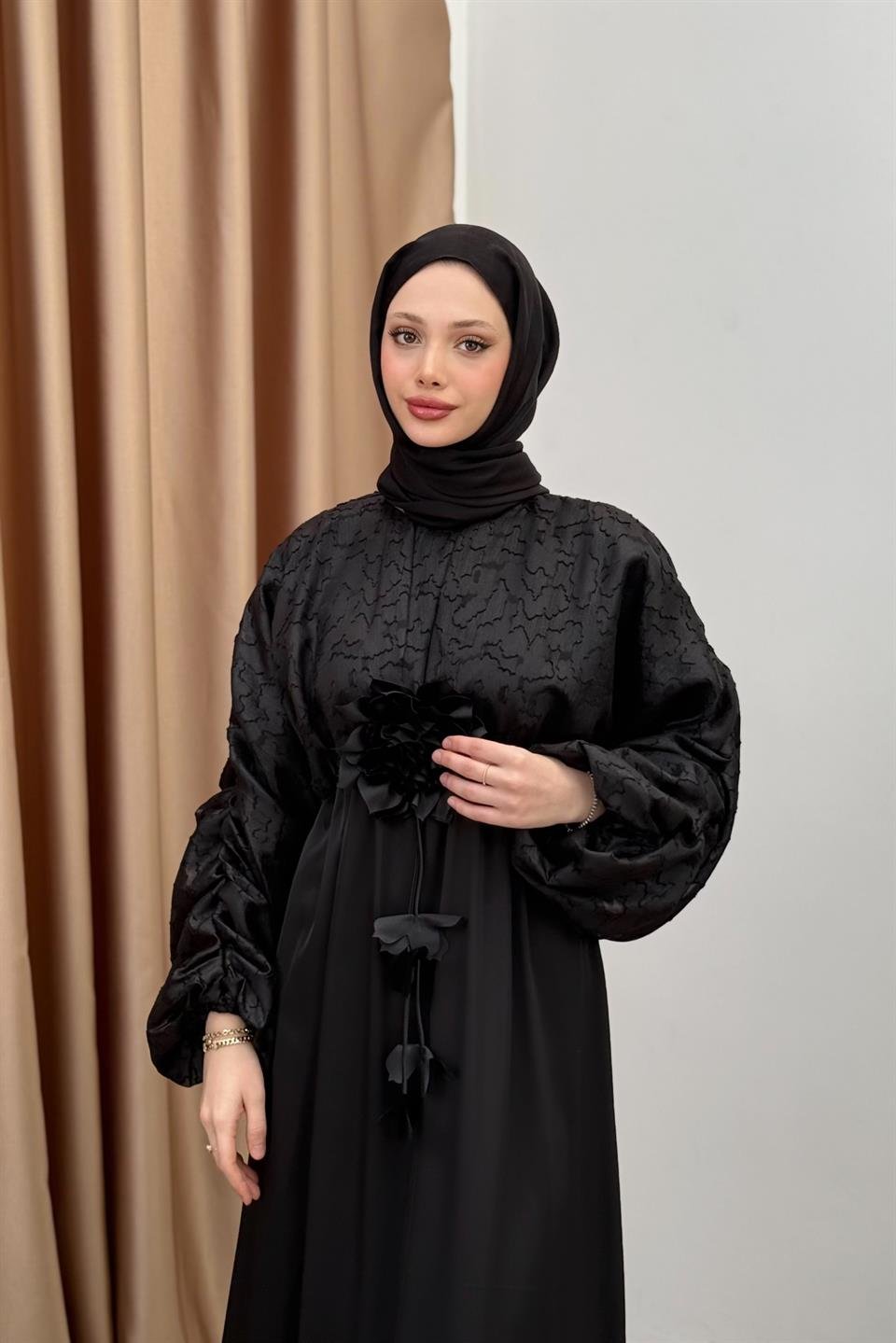 Jakarlı Saten Elbise - Siyah