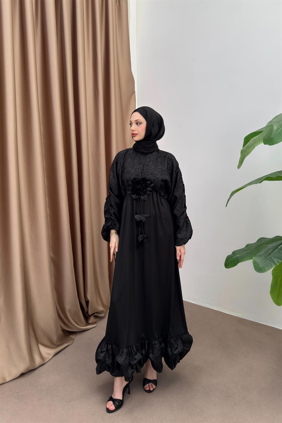 Jakarlı Saten Elbise - Siyah