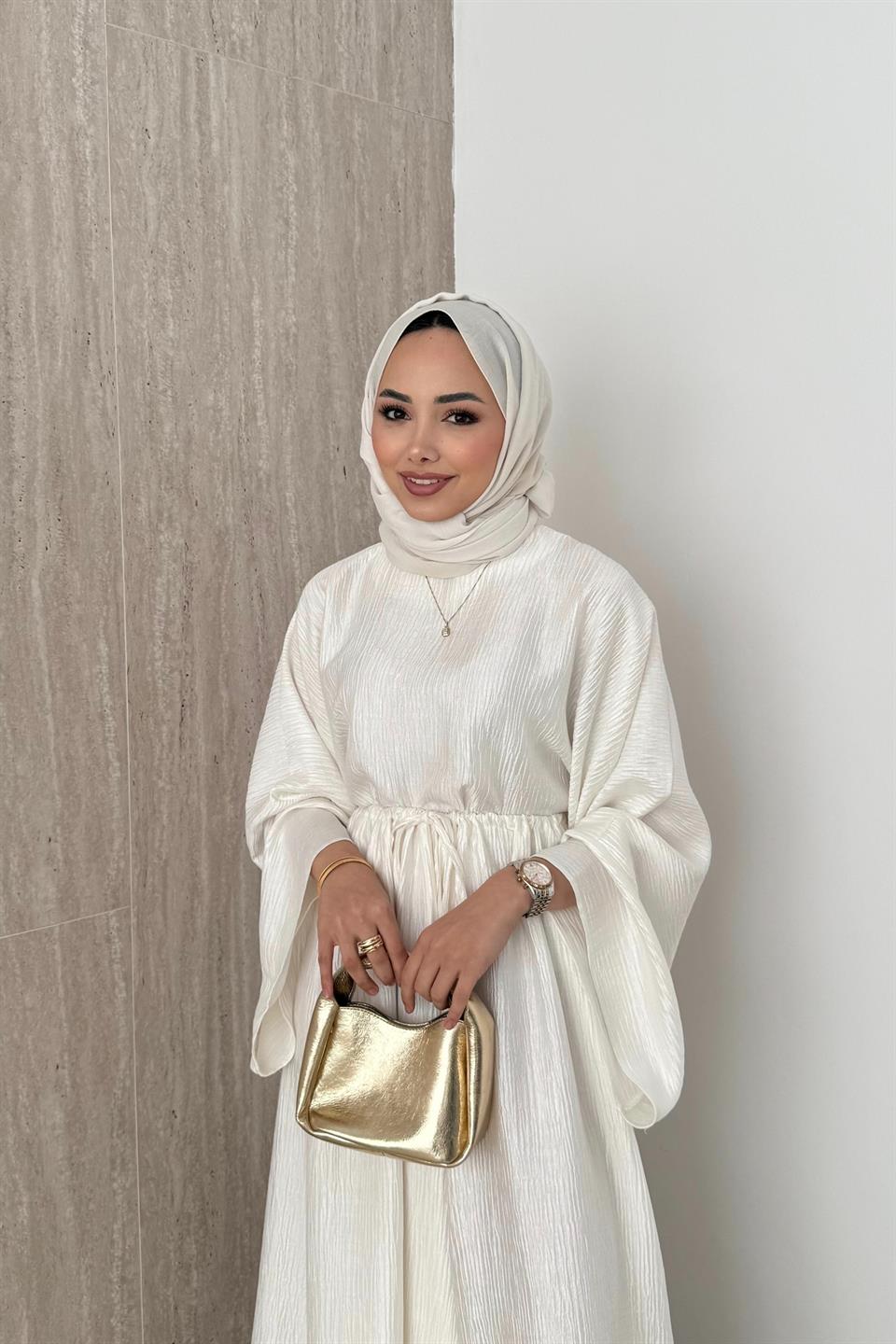 Jakarlı Saten Pantolonlu Takım - Ekru