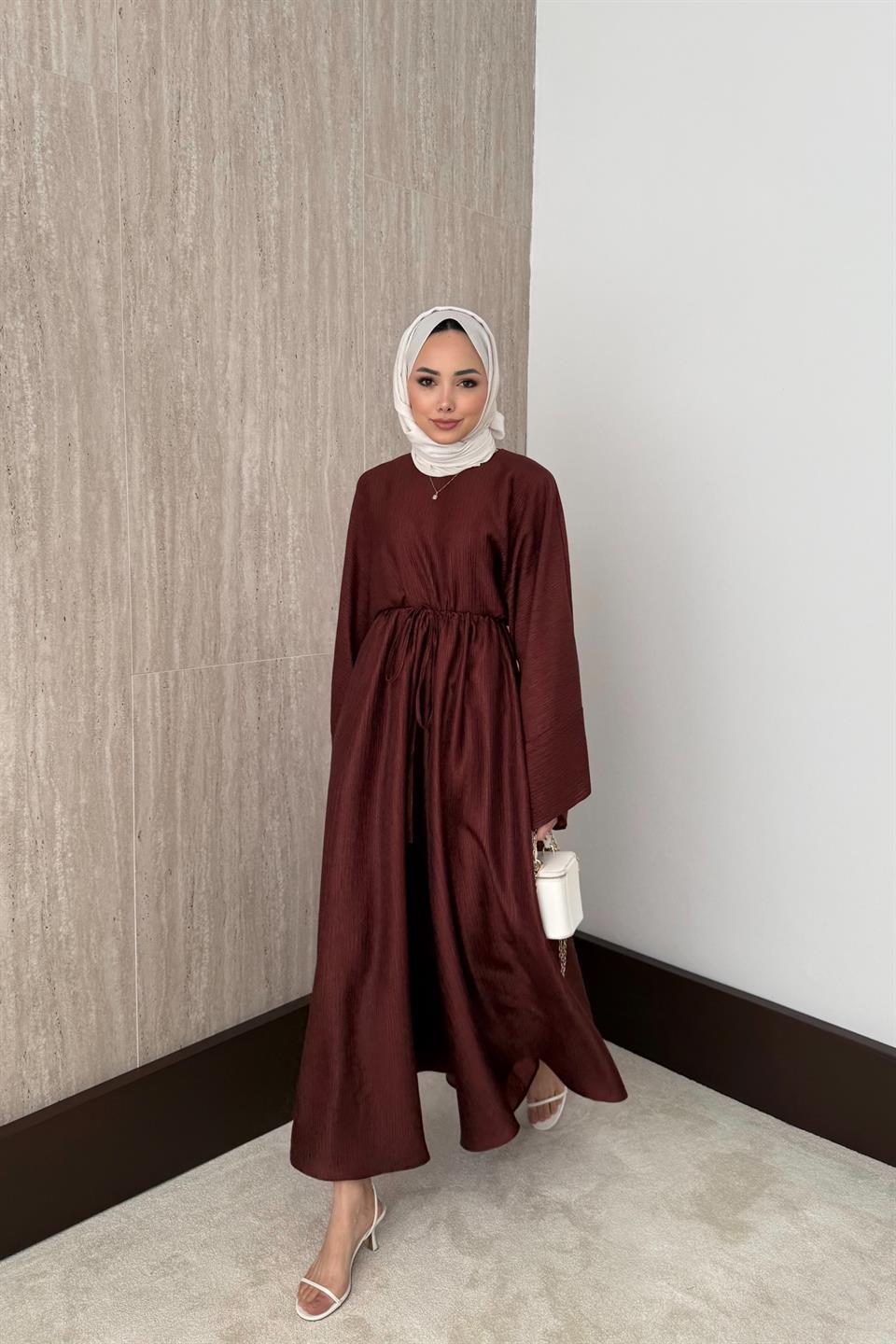 Jakarlı Saten Pantolonlu Takım - Kahve