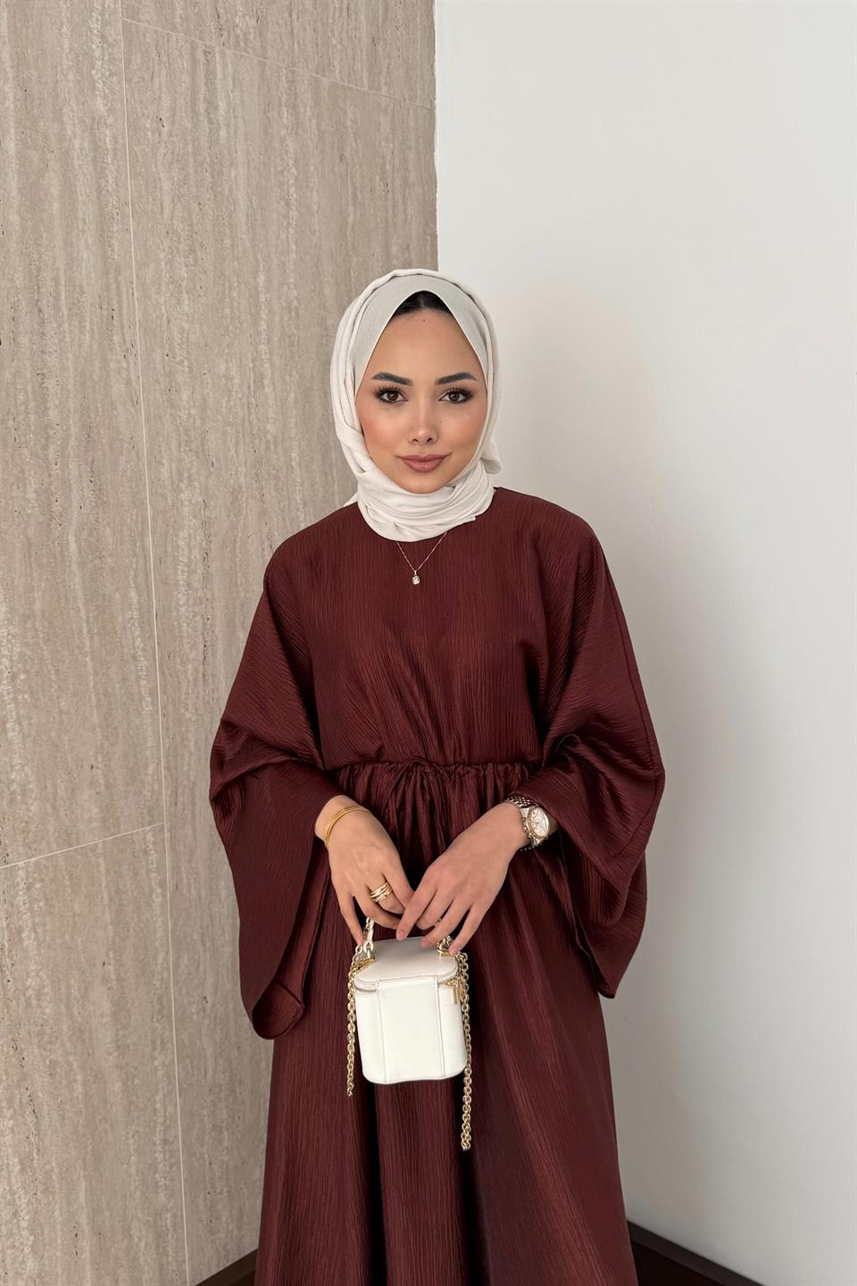 Jakarlı Saten Pantolonlu Takım - Kahve