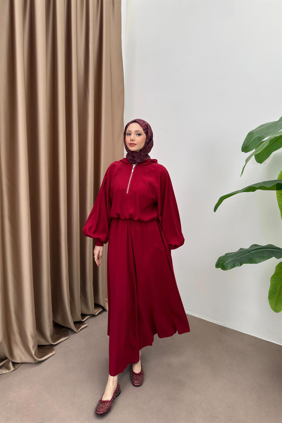  Hooded Skirt Suit - Burgundy