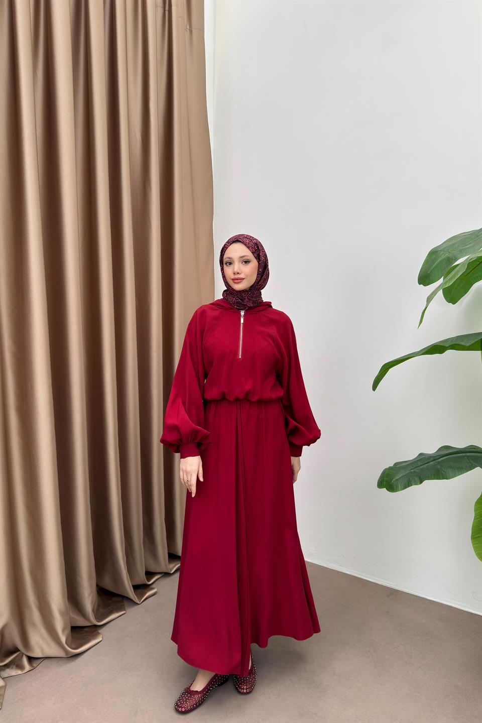  Hooded Skirt Suit - Burgundy