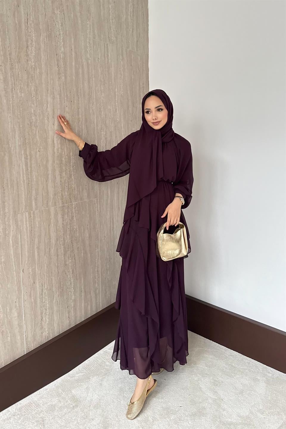 Kat Kat Şifon Elbise - Bordo