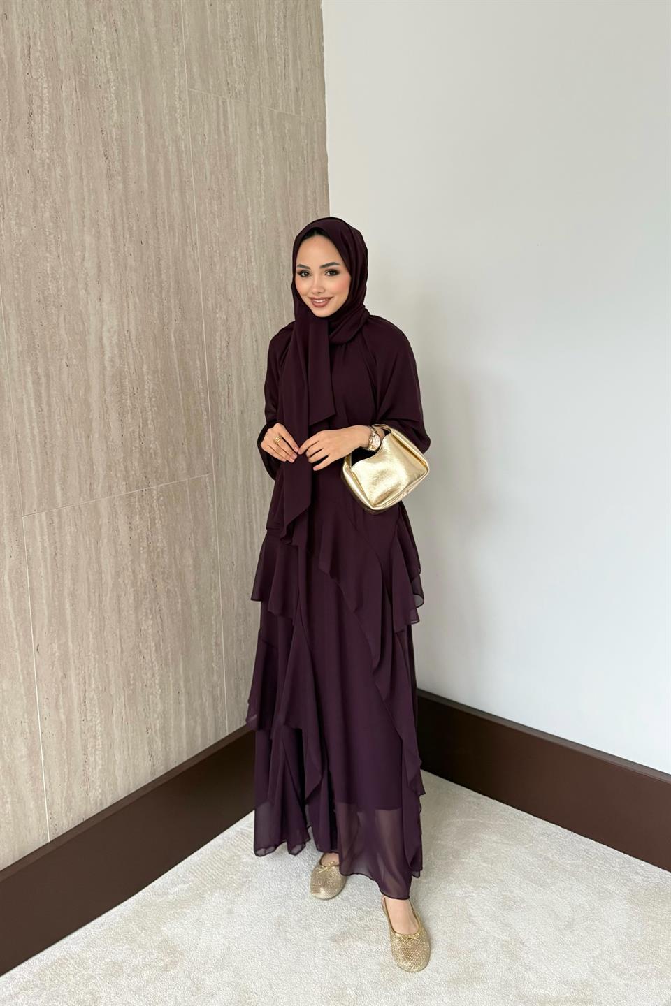 Kat Kat Şifon Elbise - Bordo