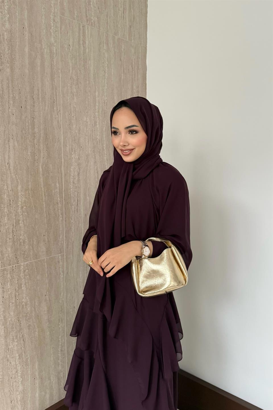 Kat Kat Şifon Elbise - Bordo