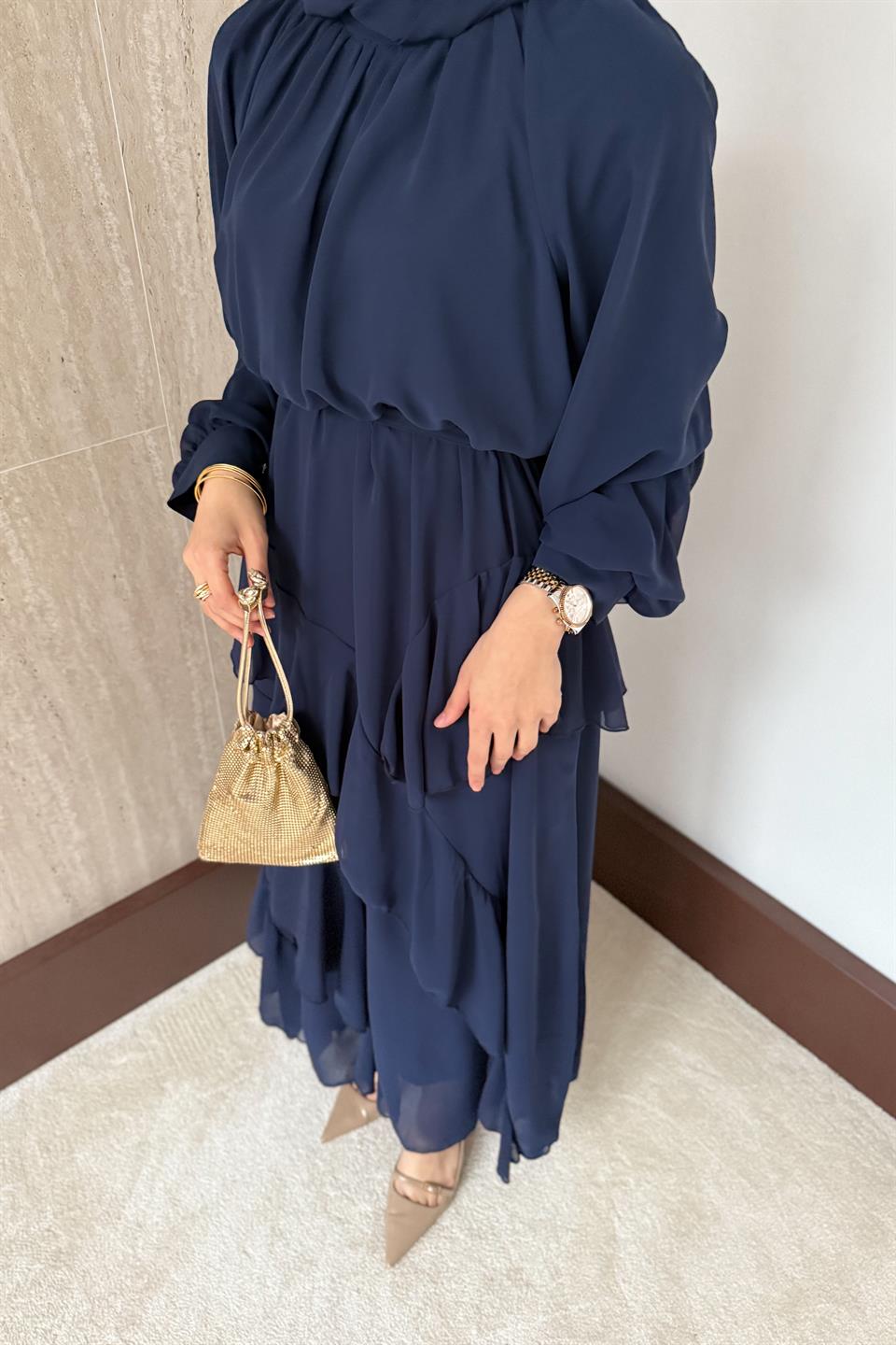 Kat Kat Şifon Elbise - Lacivert