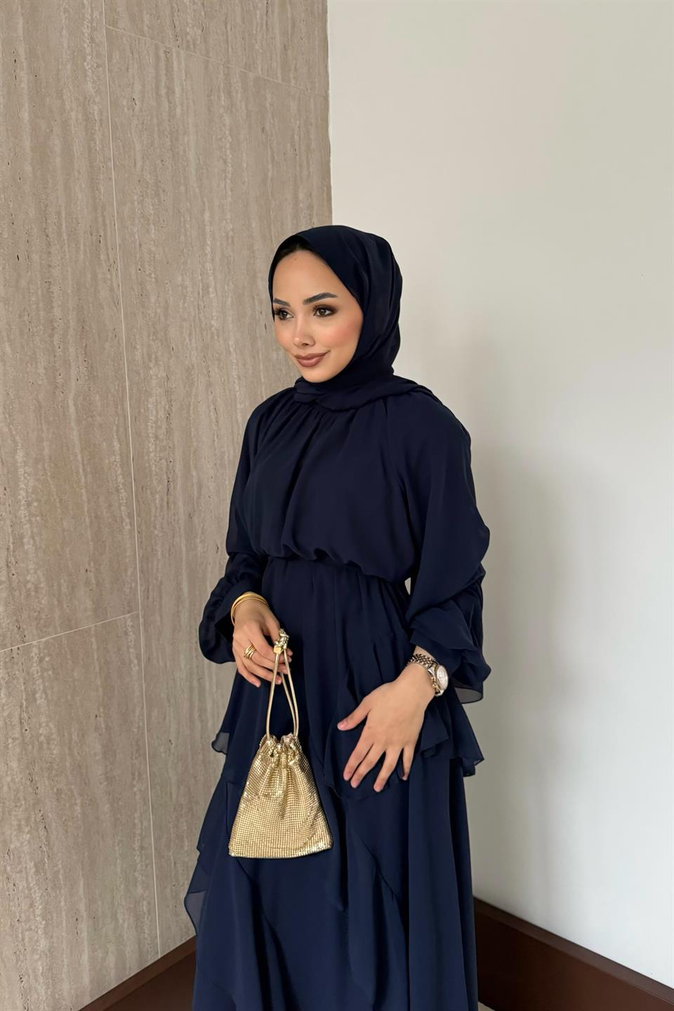 Kat Kat Şifon Elbise - Lacivert