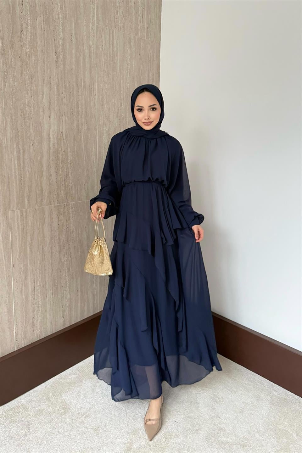 Kat Kat Şifon Elbise - Lacivert