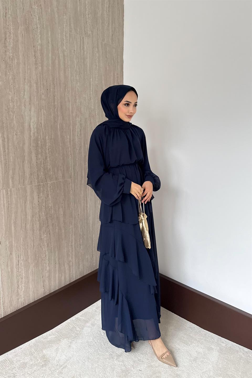 Kat Kat Şifon Elbise - Lacivert