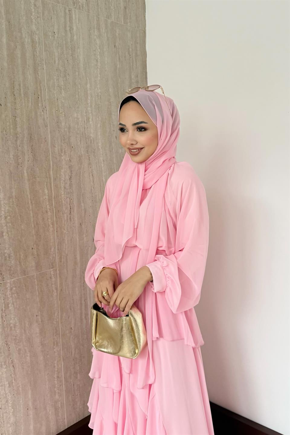 Kat Kat Şifon Elbise - Pembe