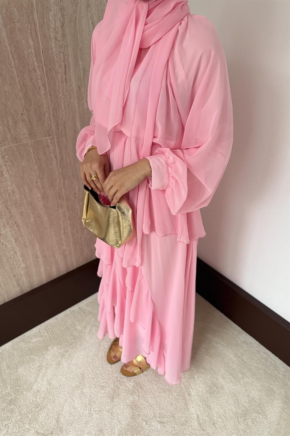 Kat Kat Şifon Elbise - Pembe