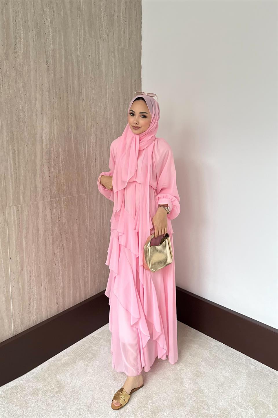 Kat Kat Şifon Elbise - Pembe