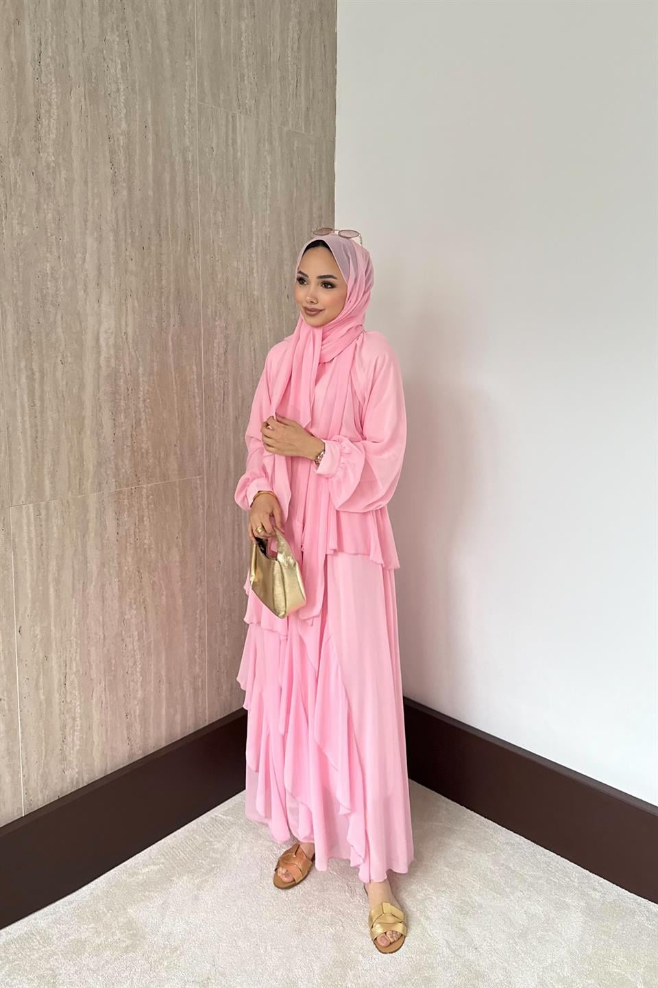 Kat Kat Şifon Elbise - Pembe