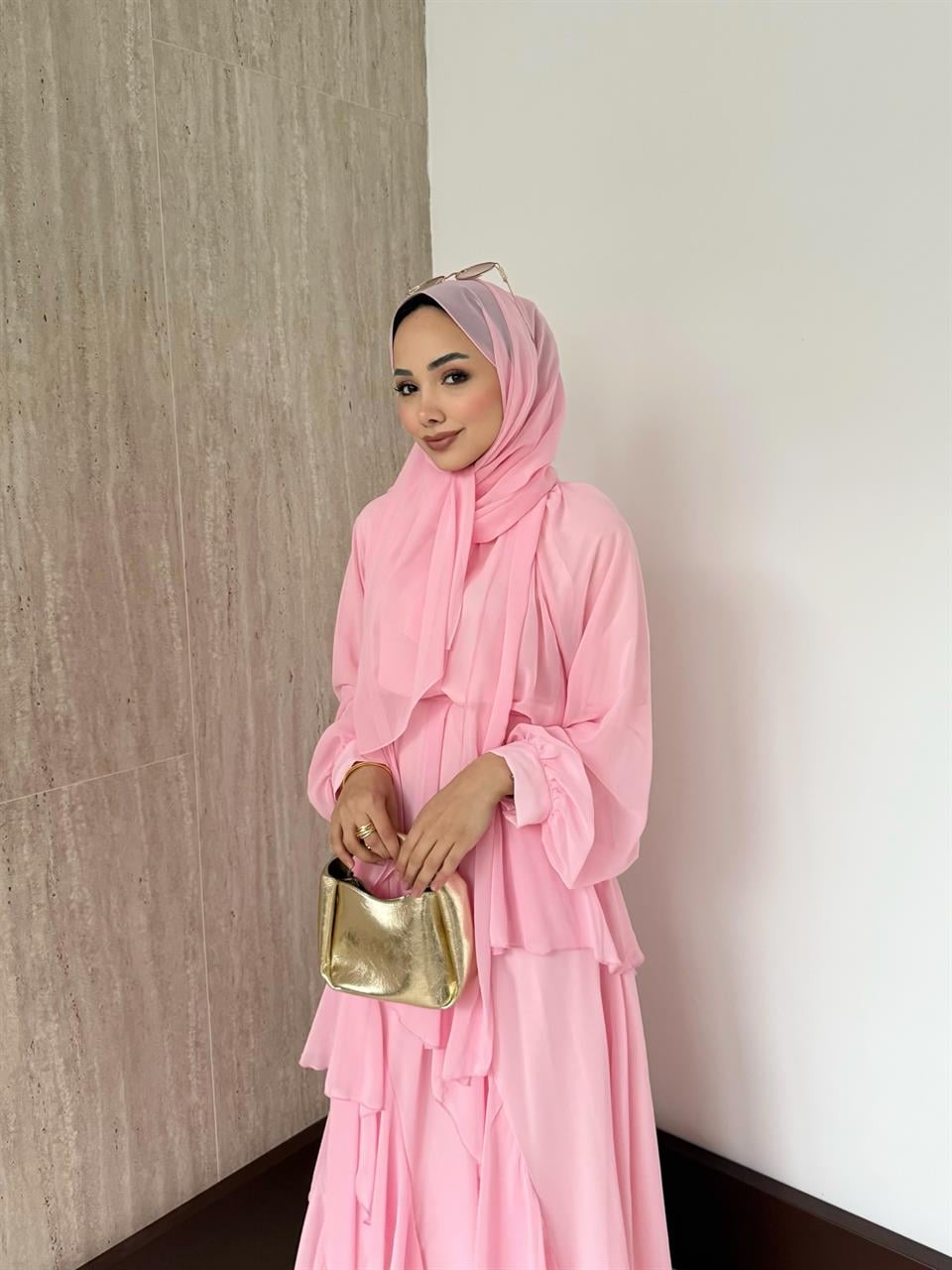 Kat Kat Şifon Elbise - Pembe