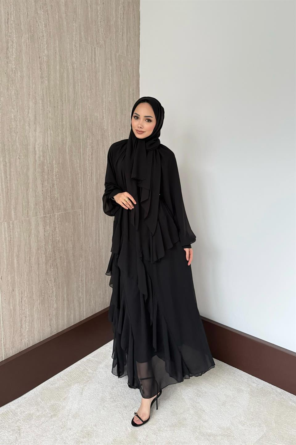 Kat Kat Şifon Elbise - Siyah