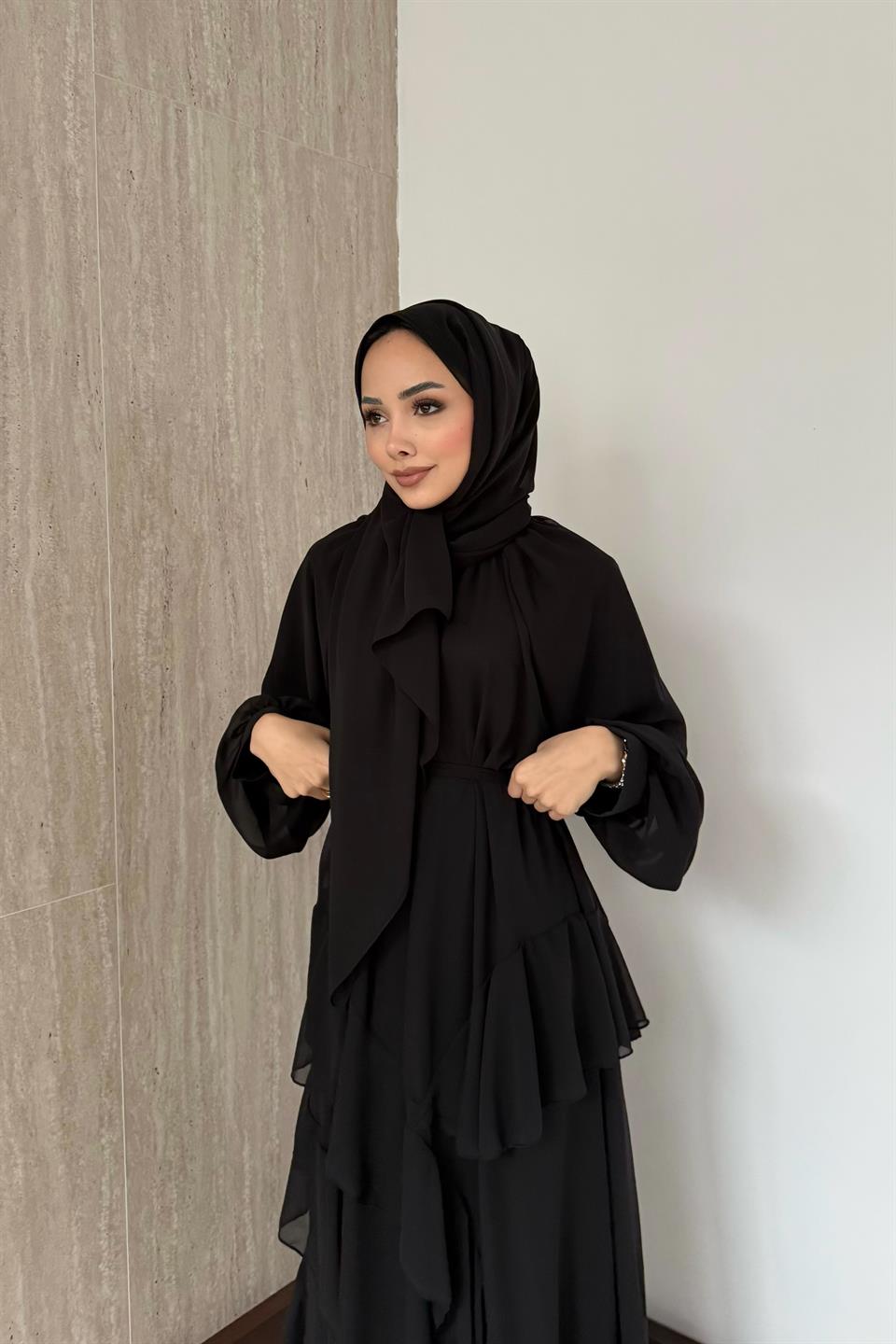Kat Kat Şifon Elbise - Siyah
