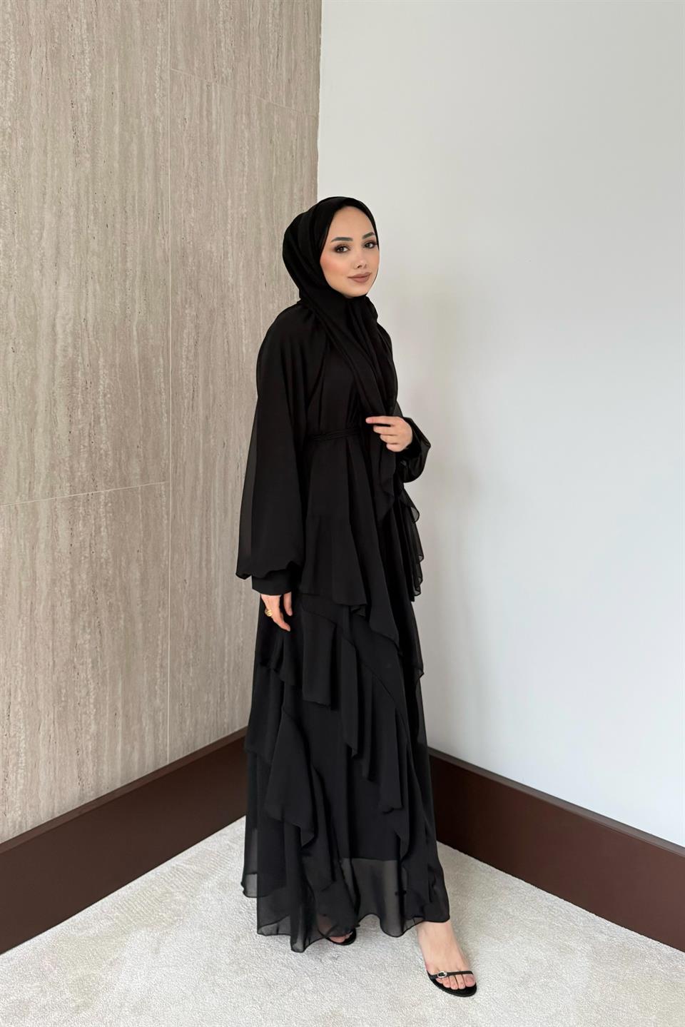 Kat Kat Şifon Elbise - Siyah