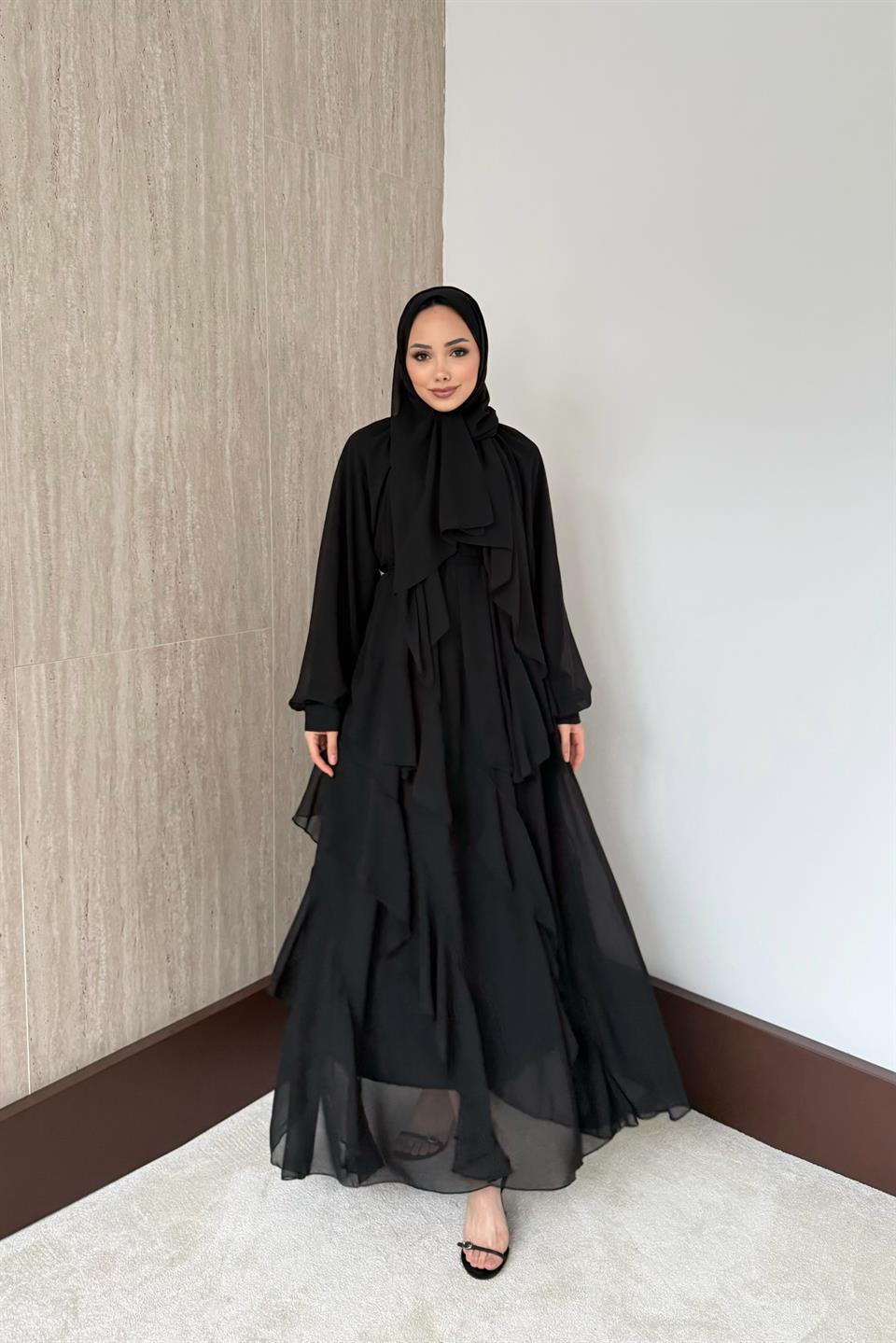 Kat Kat Şifon Elbise - Siyah