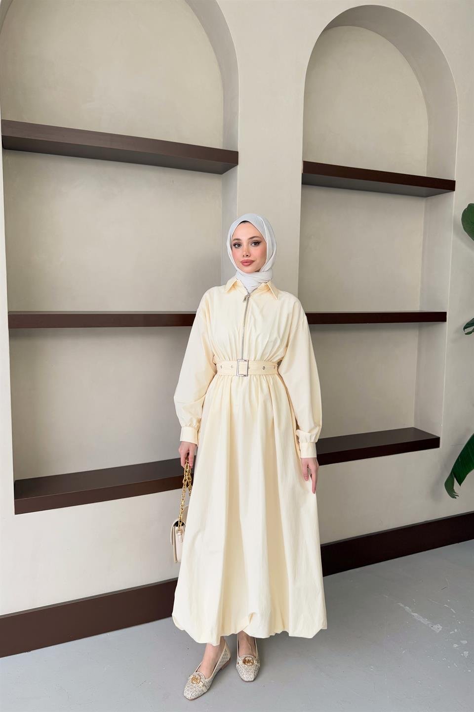 Kemerli Balon Kol Elbise - Bej