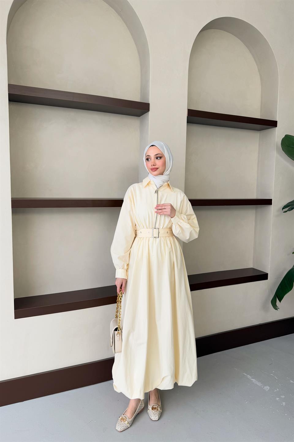 Kemerli Balon Kol Elbise - Bej